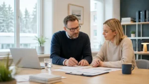 mies ja nainen keskustelevat istuessaan pöydän ääressä